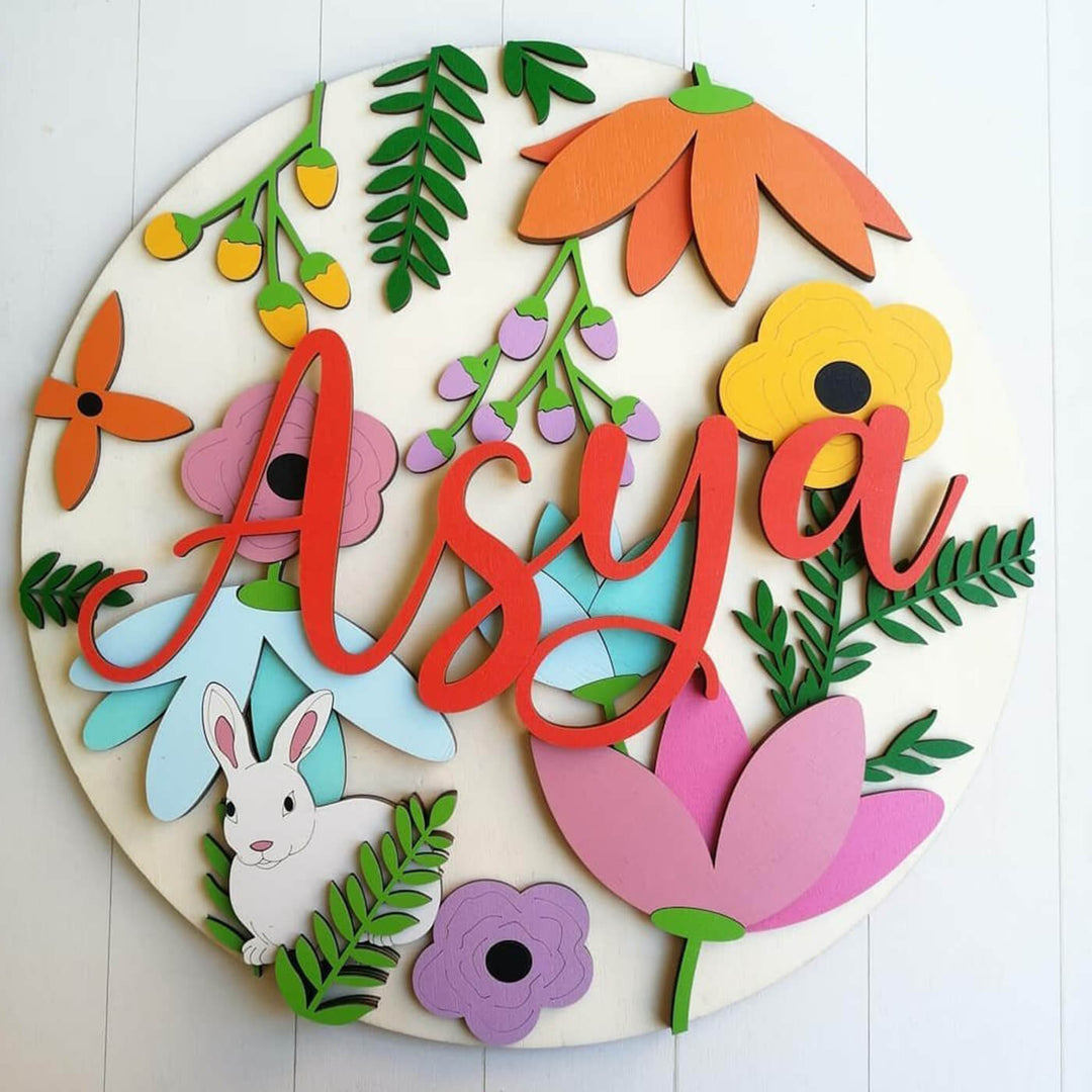 Painted Nameboard for Kids - Rabit & Flowers