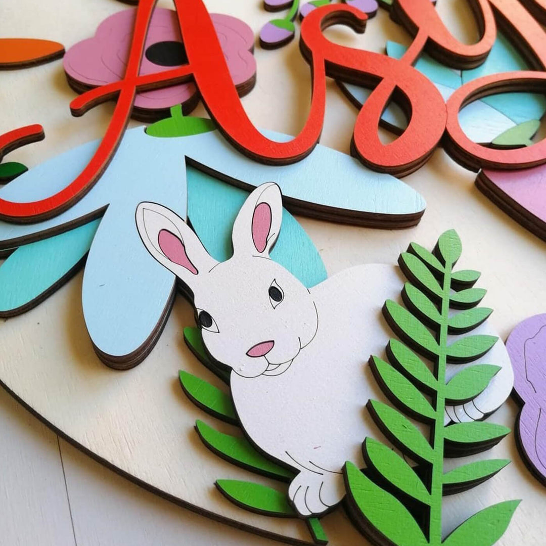 Painted Nameboard for Kids - Rabit & Flowers