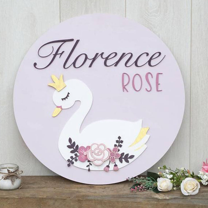 Painted Nameboard for Kids - Floral Swan Theme