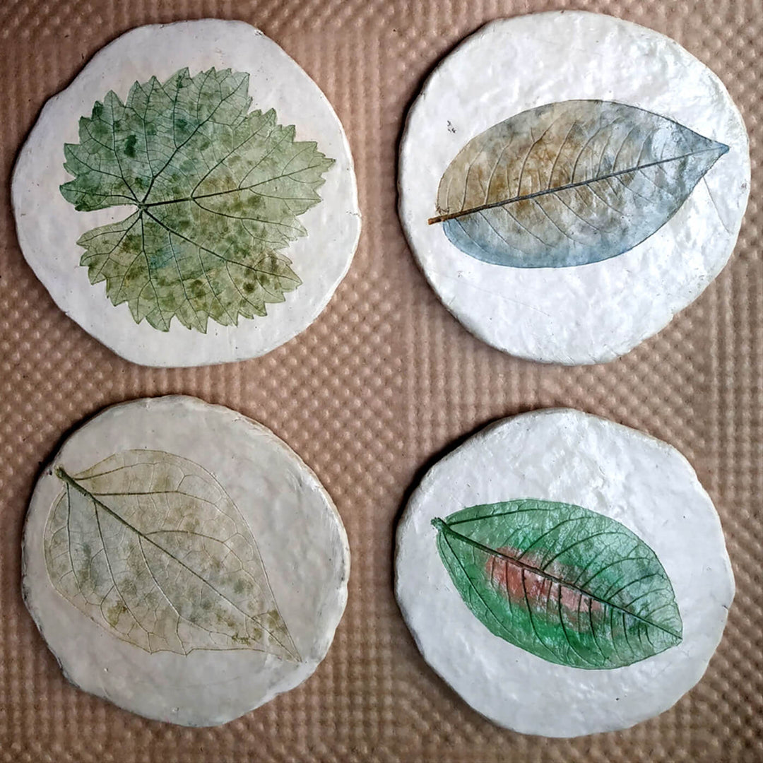 Handcrafted Leaf Imprint Coasters - Pale Winter