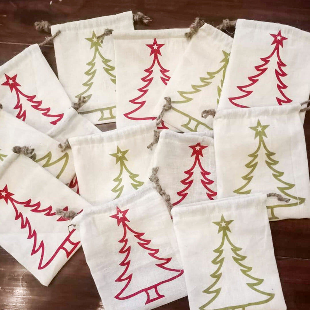 Handmade Small Sized Tree Print Canvas Gift Sacks | Secret Santa Gift Ideas | Set Of 30