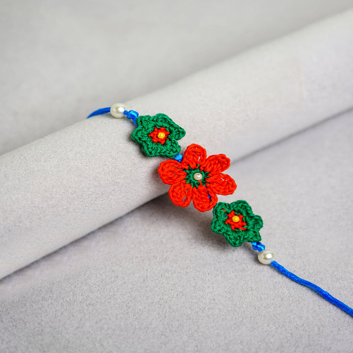 Floral Handcrafted Crochet Rakhi With Roli Chawal For Kids