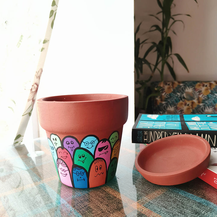 Handpainted Terracotta Happy People Planter Pot