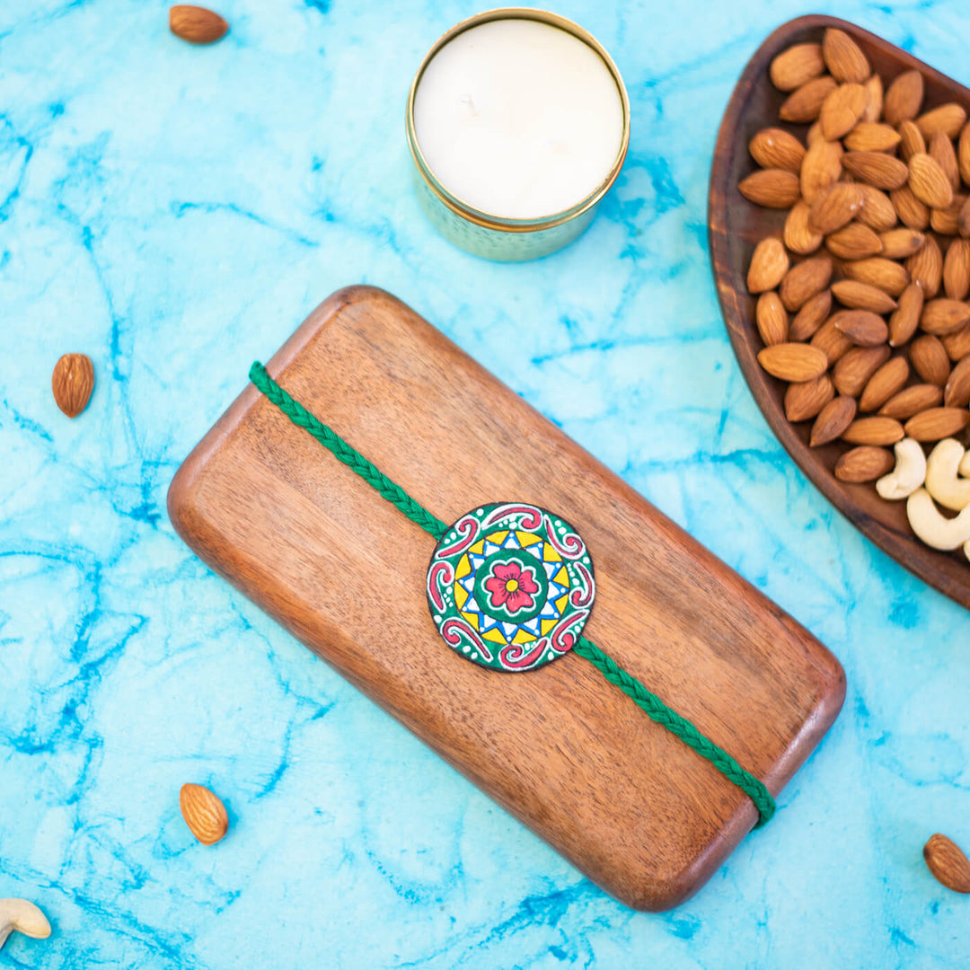 Hand-painted Eco-friendly Seed Rakhi with Roli Chawal - Green