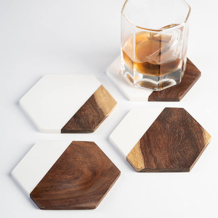 Hexagonal Coaster - Rosewood and Handmade Marble - Set of 4