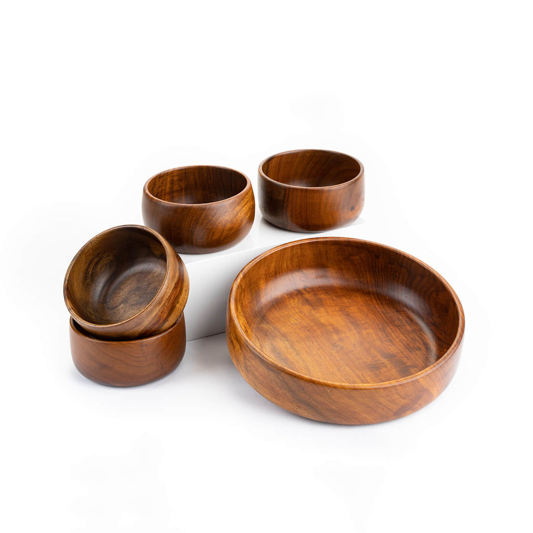 Baro Wooden Bowls - Set Of 1 Large And 4 Small Bowls