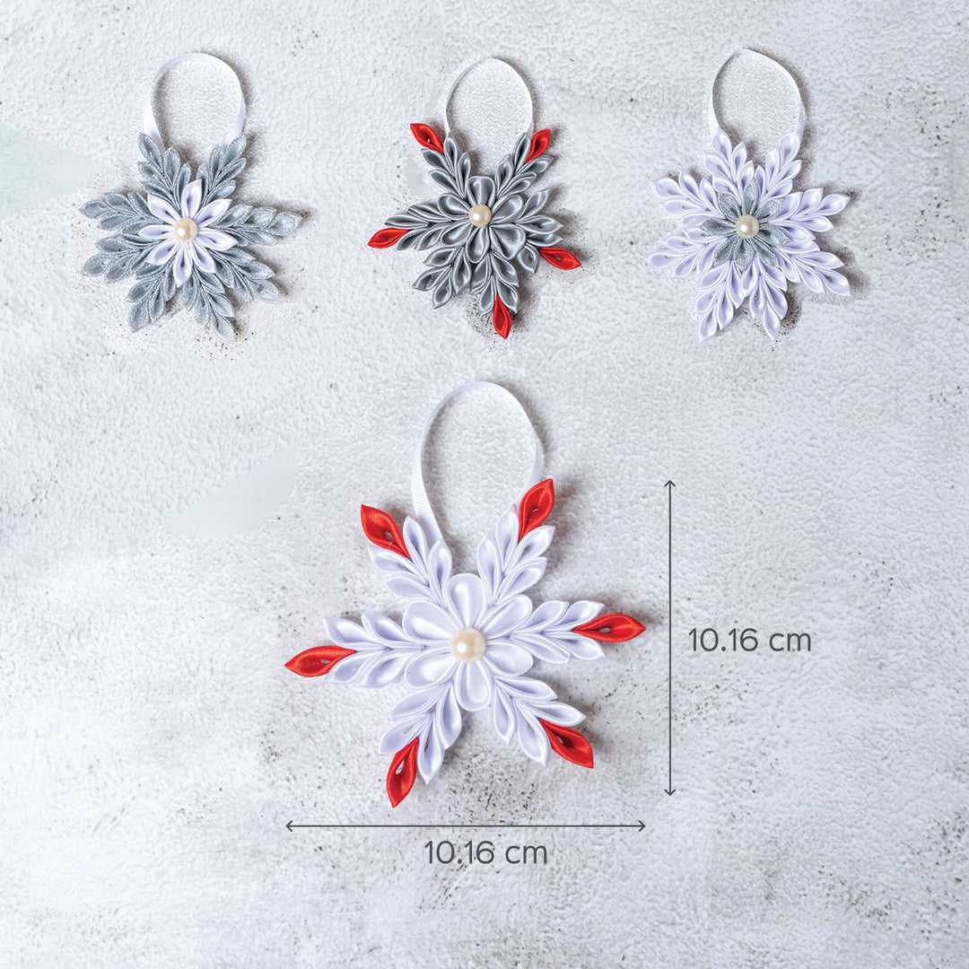 Handmade Silver Snowflake Satin Ribbon Ornament- Set of 4