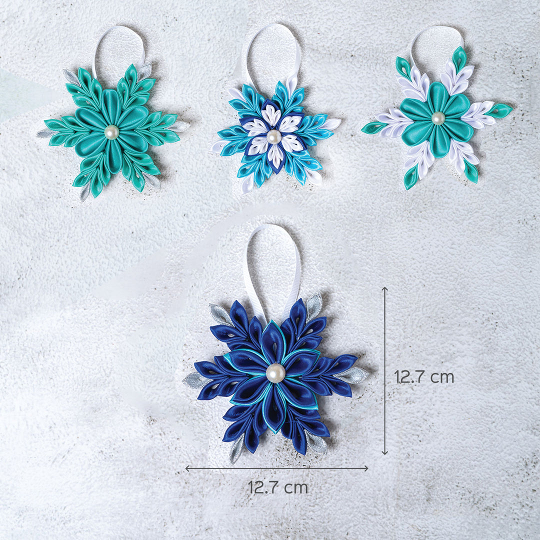 Handmade Blue Snowflake Satin Ribbon Ornament- Set of 4