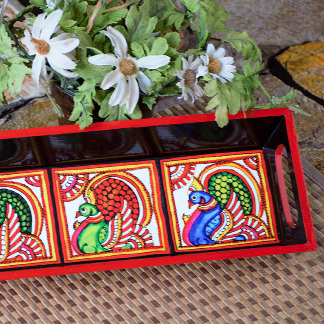 Ethnic Decoupage Tholu Peacock MDF Tray - Narrow