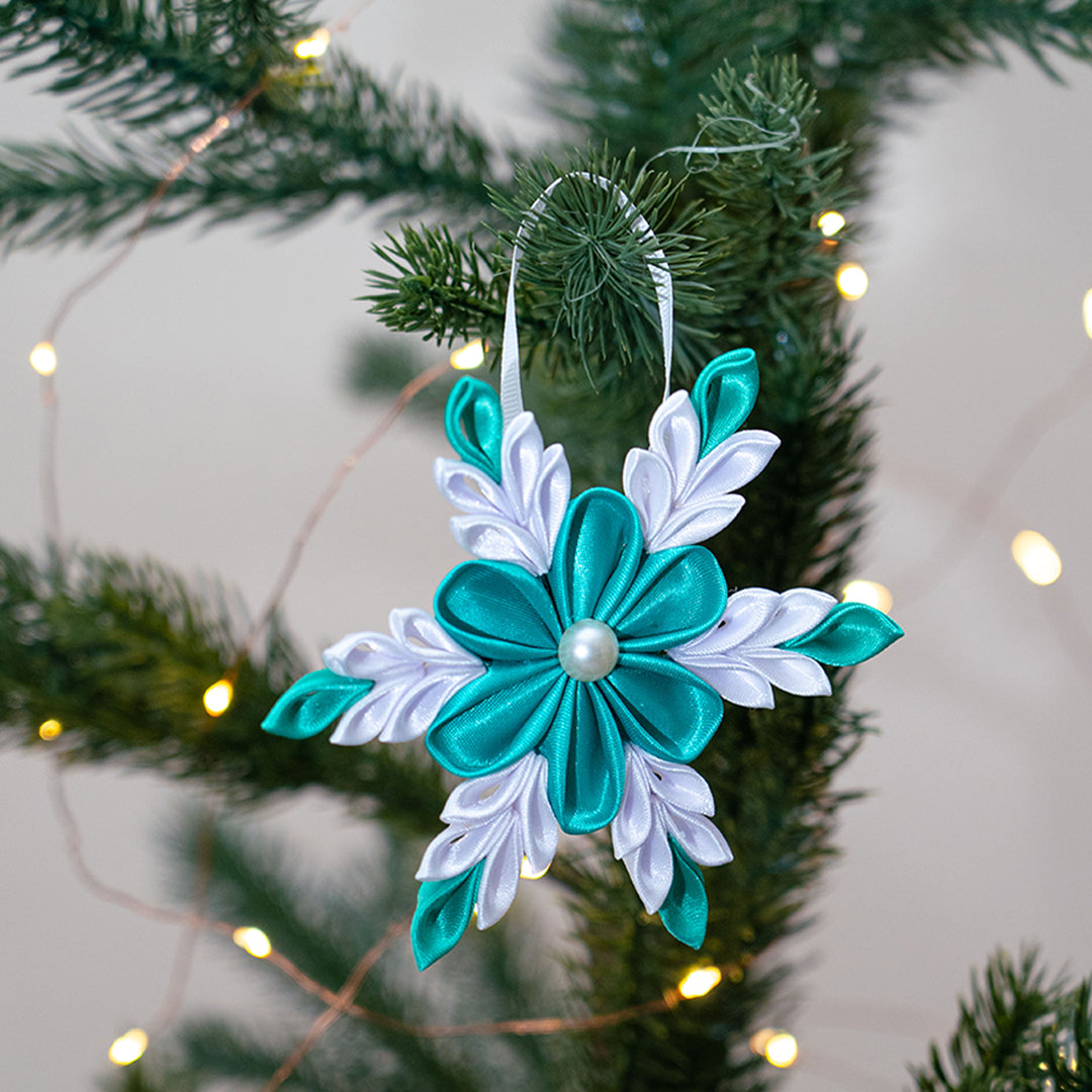 Handmade Blue Snowflake Satin Ribbon Ornament- Set of 4