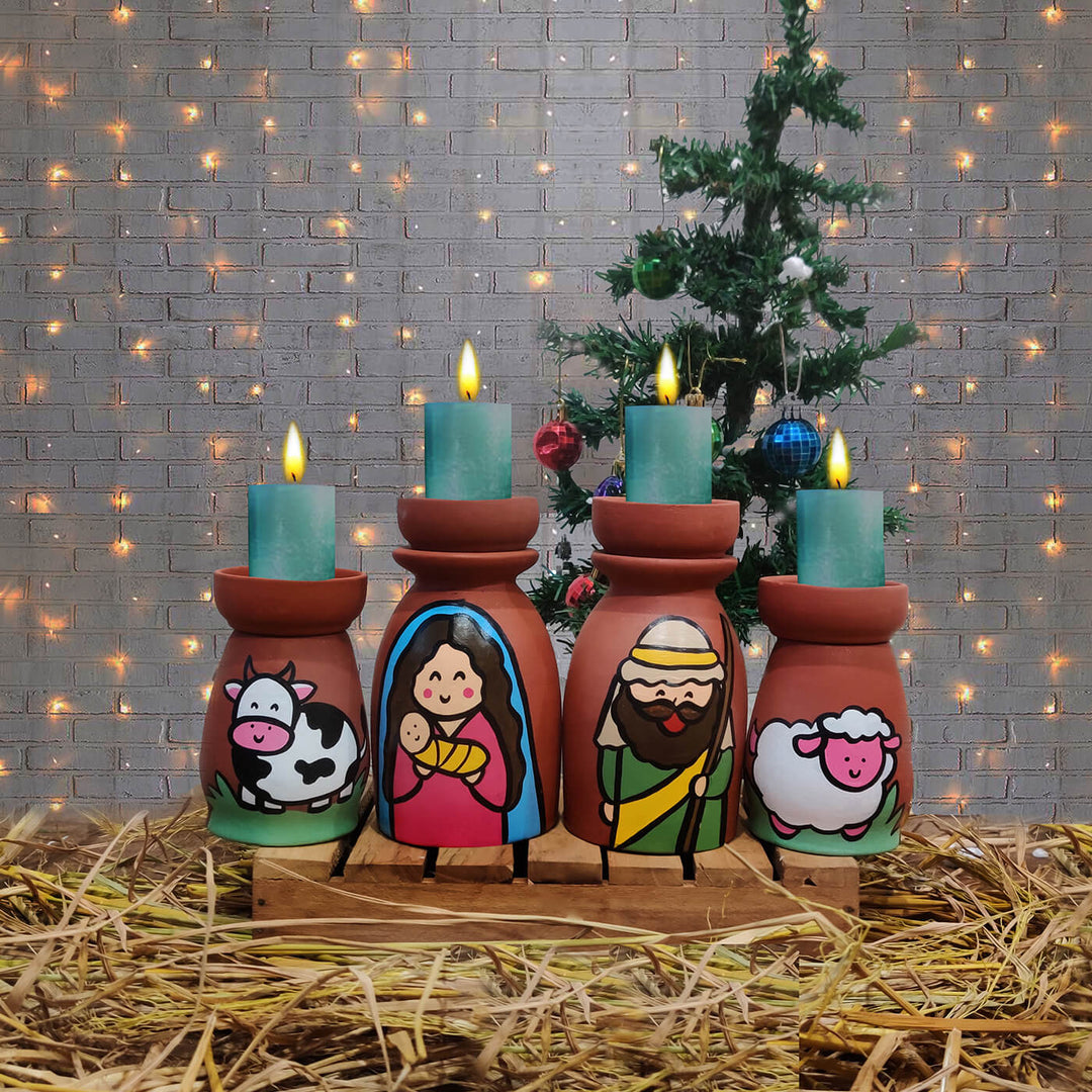 Hand-Painted Nativity Terracotta Candle Holders For Christmas Decoration | Set Of 4