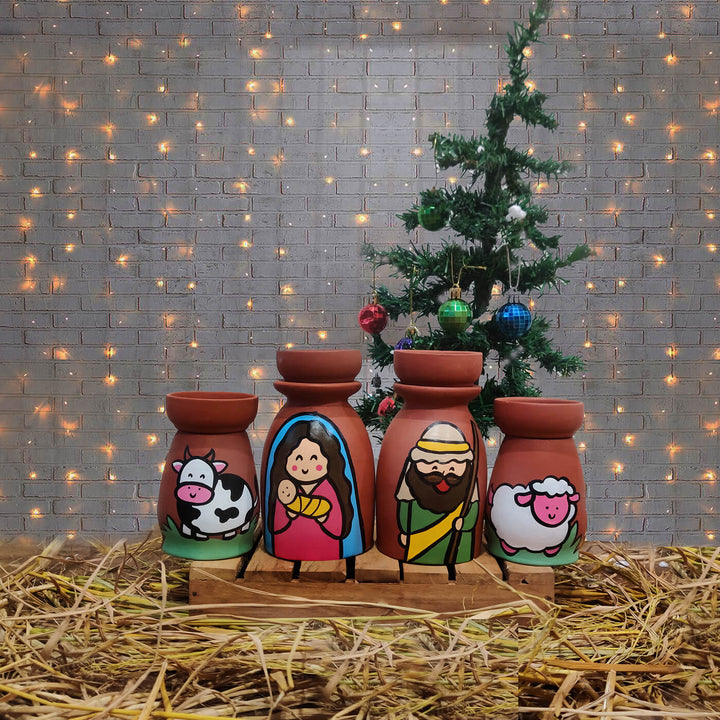 Hand-Painted Nativity Terracotta Candle Holders For Christmas Decoration | Set Of 4